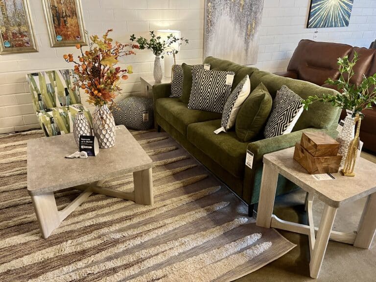 Olive Green Sofa with Coffee & End Tables